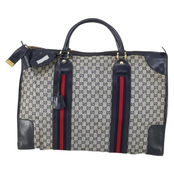 GUCCI GG Canvas Sherry Line Hand Bag Navy Gold Red Auth...